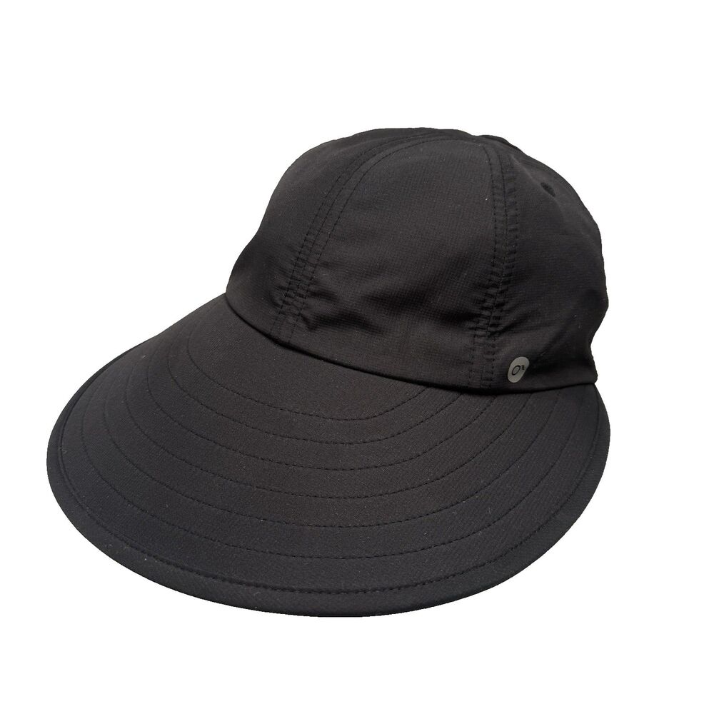Ponyflo Womens Black Wide Brim Sun Hat UV Protection Ponytail Opening EUC